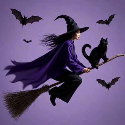 Woman witch flying on broomstick with cat