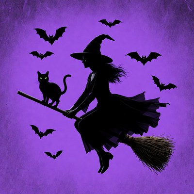 Witch flying on broom with cat