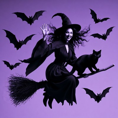 Witch flying on broomstick with bats