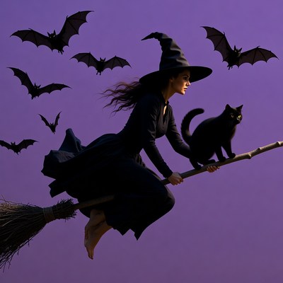 Witch flying on broom with black cat