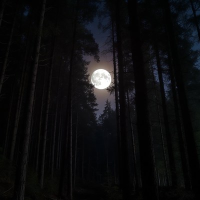 Full Moon Through Dark Pine Forest