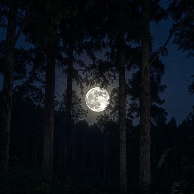 Full Moon Through Dark Forest Trees