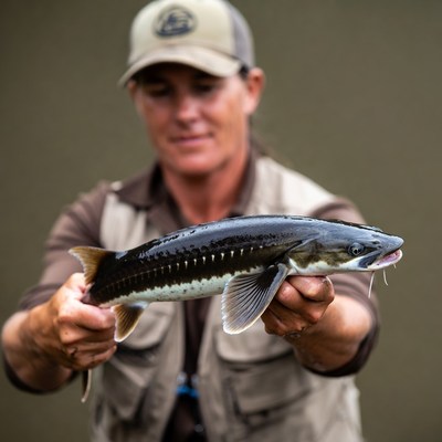 Woman holding large sturgeon fish