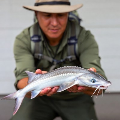 Man holding sturgeon fish