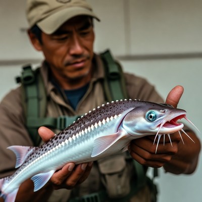 Asian man holding exotic catfish