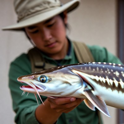 Asian woman holding spotted catfish
