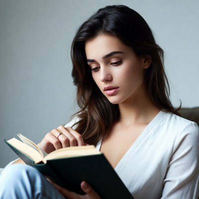 Woman reading book on sofa