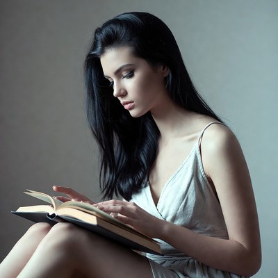Woman reading book in white dress