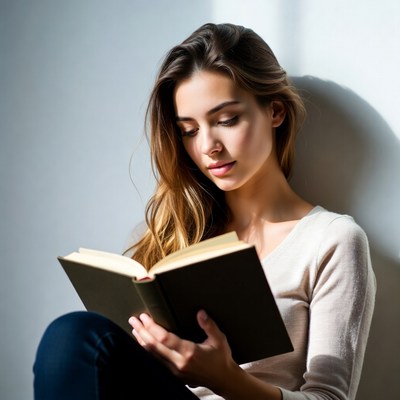 Woman reading book by window
