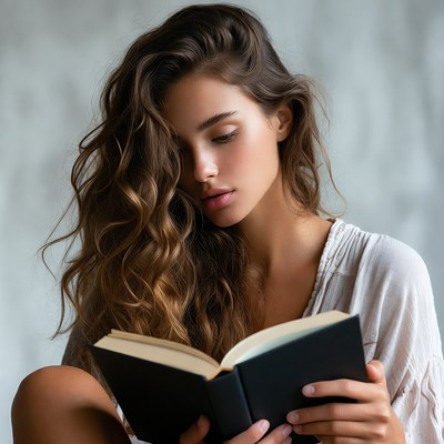 Woman reading book intently