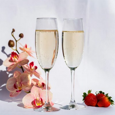 Two Champagne Glasses with Orchids Strawberries
