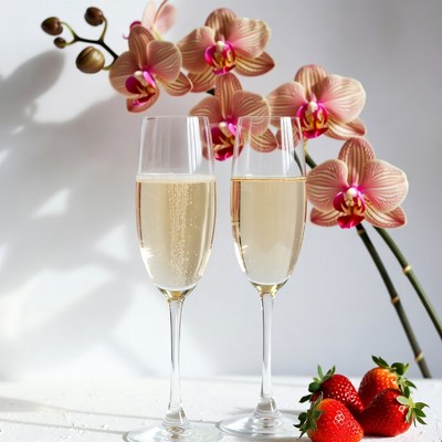 Champagne Glasses with Orchids and Strawberries