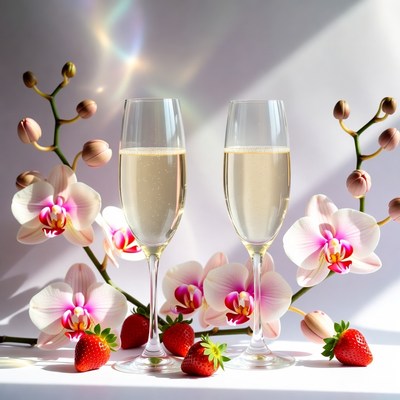 Two Champagne Glasses with Orchids Strawberries