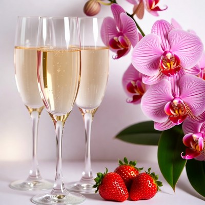 Champagne Glasses with Orchids and Strawberries