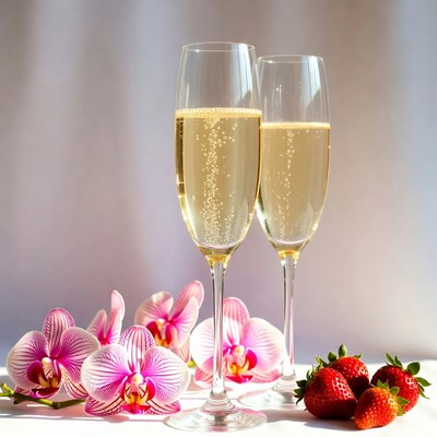 Two Champagne Glasses with Orchids Strawberries