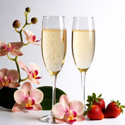 Two Champagne Glasses with Orchids Strawberries