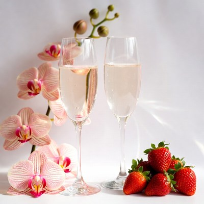 Two Champagne Flutes with Orchids Strawberries