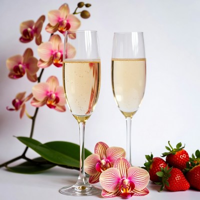 Champagne Glasses with Orchids Strawberries