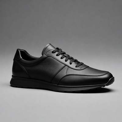 Black leather sneakers on gray background