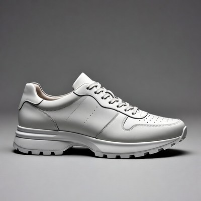 White Leather Sneakers on Gray Background