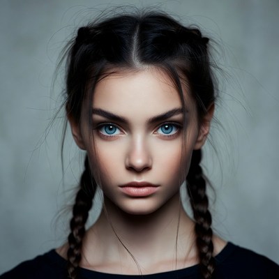 Woman with blue eyes and pigtails