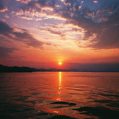 Sunset over lake with mountains