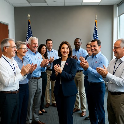 Group clapping with Asian woman in center