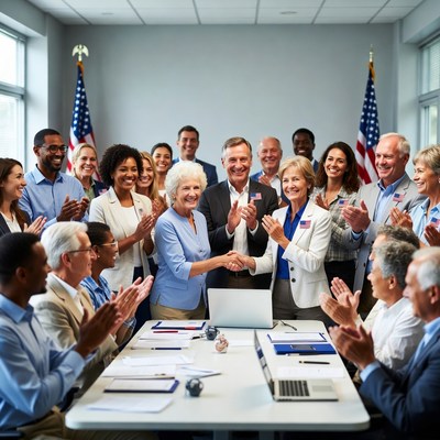 Diverse group applauding woman handshake meeting