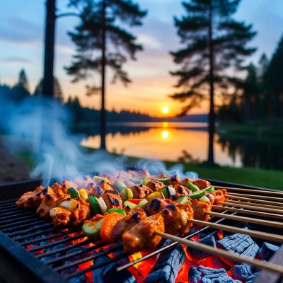 Grilled Chicken Skewers at Sunset