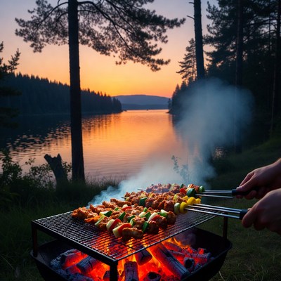 Grilling Skewers at Sunset Lakeside