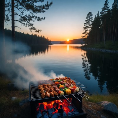 Grill with Skewers by Lakeside Sunset