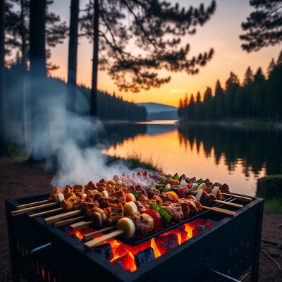 Grill with skewers by lake sunset