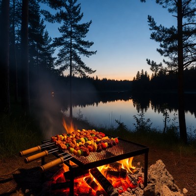 Grilled Skewers Over Campfire by Lake