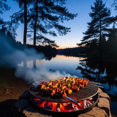 Barbecue Grill at Lakeside Sunset