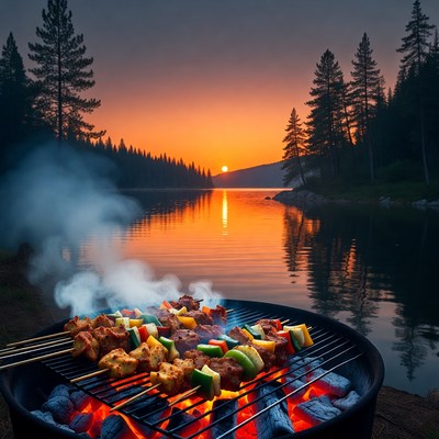 Grill with Skewers at Sunset Lake