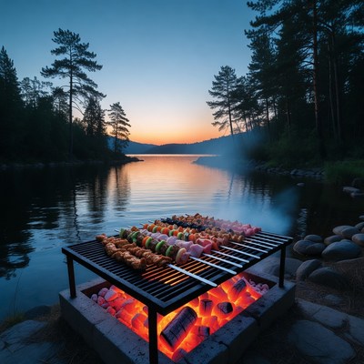 Skewers grilling by lake sunset