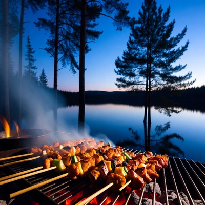 Grilling Skewers by Lakeside Campfire
