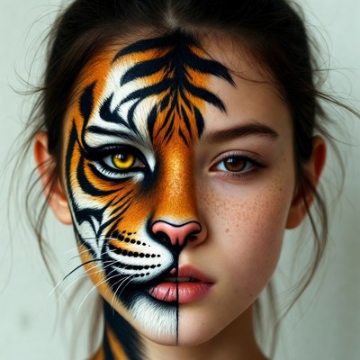 Girl with half tiger face paint