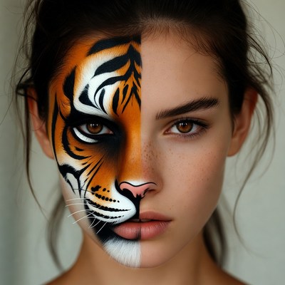 Woman with half tiger face paint