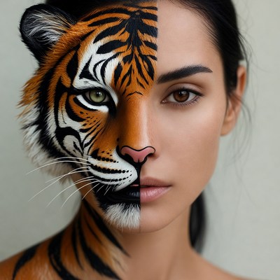 Woman with half tiger face paint