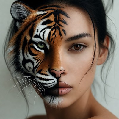 Woman with tiger face fusion