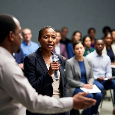 African-American woman speaking at conference