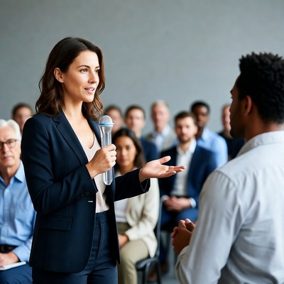 Woman speaking with microphone at conference