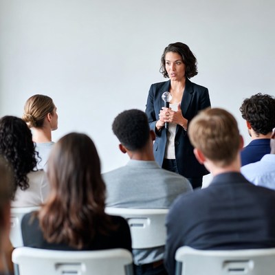 Woman speaking with microphone to audience