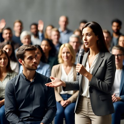 Woman speaking at conference with audience