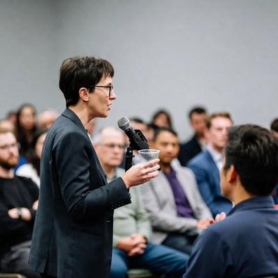 Woman speaking at conference podium