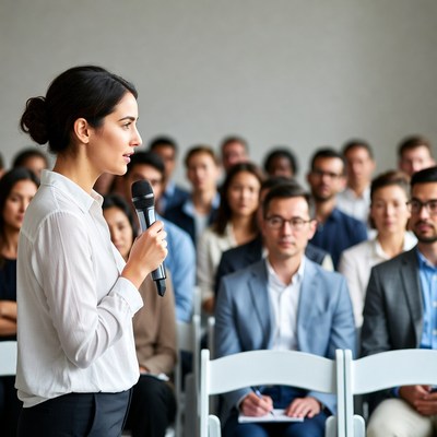 Woman speaking at podium with audience