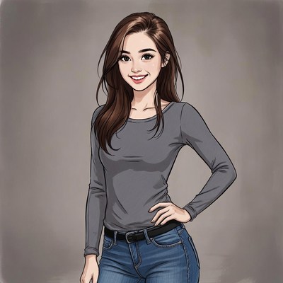 Smiling Asian woman in gray top jeans