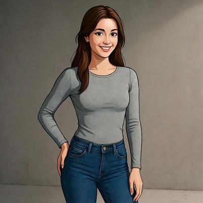 Smiling woman in gray top jeans