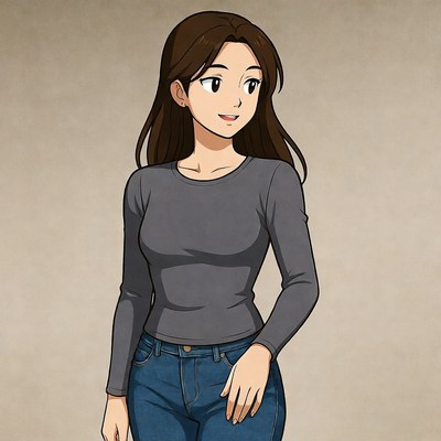 Anime girl in gray top and jeans